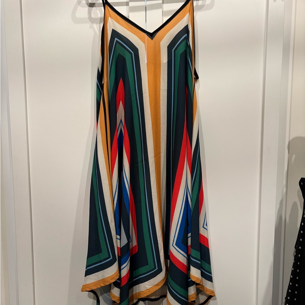 Multicolor Geometric V-Neck Swing Dress - Yellow Accent size S